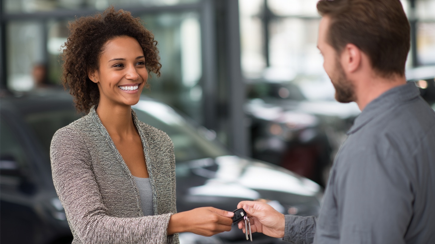 A clear, direct, and trustworthy scene focused on a vehicle trade-in at Napleton Downtown Chicago. A diverse customer (e.g., a male or female, any ethnicity, looking confident) is handing over the keys to their well-maintained pre-owned vehicle to a friendly, professional Napleton staff member (wearing clean, branded attire). The staff member accepts the keys with an open, transparent gesture, conveying a fair and honest exchange. The scene highlights the direct interaction and the physical representation of the trade-in, without any digital screens in focus. The background is a modern, clean dealership appraisal bay or outdoor lot, subtly showing other vehicles. The overall mood is practical, honest, and reassuring. Professional, crisp lighting, high resolution. --ar 16:9 --raw --v 7 Job ID: 017618d2-8ed6-4632-ba0a-6100d7520b61